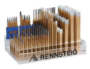 Ekspozytor do przecinaków i przebijaków z asortymentem lakierowanym